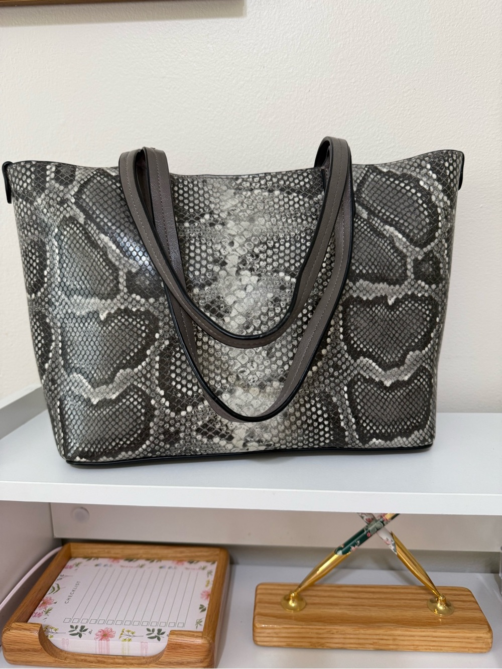 Gray Snake-Print Tote Bag - Unbranded